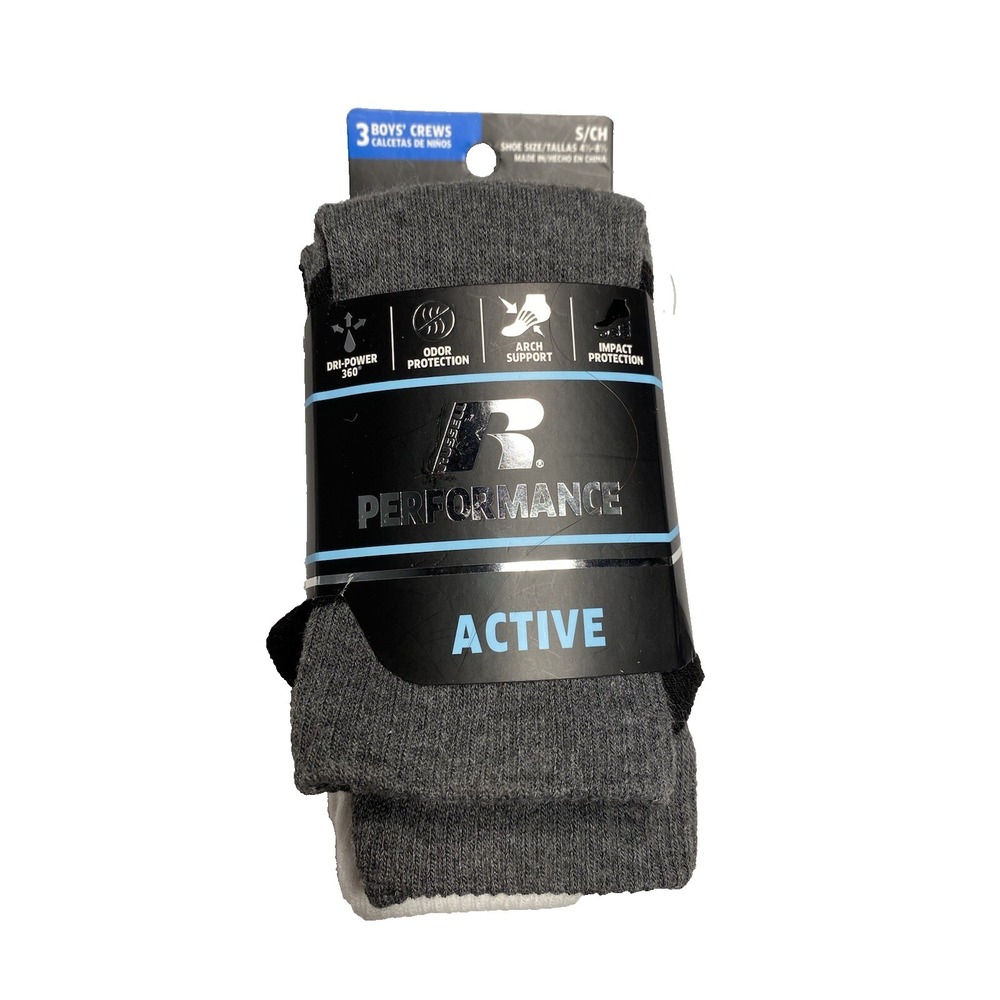 russell boys performance active crew socks 3 pairs size‎ small shoe 4.5 - 8.5